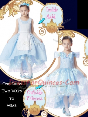 Light Blue Ball Gowns Organza Scoop Cap Sleeves Bowknot High Low Zipper Toddler Flower Girl Dress