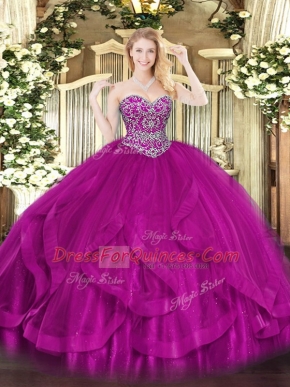 Suitable Floor Length Fuchsia Sweet 16 Dress Tulle Sleeveless Beading and Ruffles