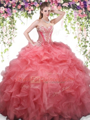 Trendy Coral Red Organza Lace Up Sweetheart Sleeveless Floor Length 15 Quinceanera Dress Beading and Ruffles