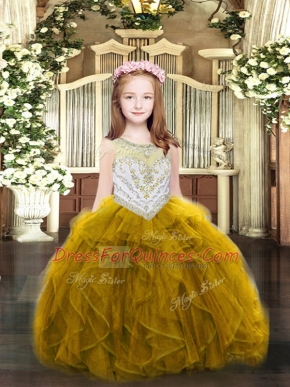 Gold Zipper Scoop Beading and Ruffles Kids Formal Wear Organza Sleeveless