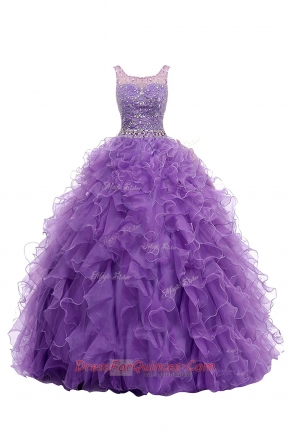 Fancy Purple Organza Zipper Straps Sleeveless With Train Sweep Train Beading and Belt