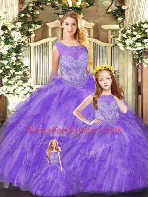 Floor Length Eggplant Purple Quinceanera Gown Organza Sleeveless Beading and Ruffles