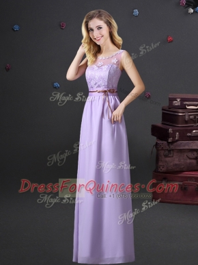 Charming Scoop See Through Lavender Sleeveless Floor Length Lace and Appliques and Belt Lace Up Vestidos de Damas