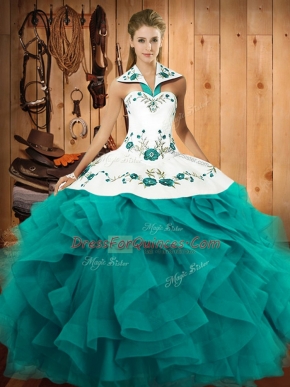 Luxury Tulle Halter Top Sleeveless Lace Up Embroidery and Ruffles Quinceanera Dresses in Teal