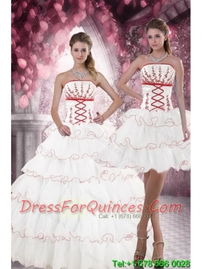 2015 New Styles White Quince Dresses with Appliques and Ruffled Layers