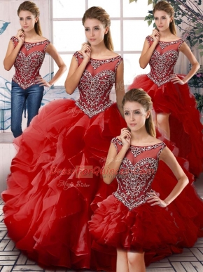 Fitting Organza Scoop Sleeveless Zipper Beading and Ruffles Ball Gown Prom Dress in Red
