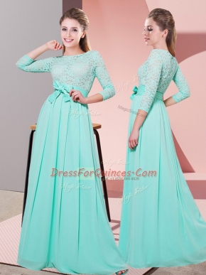 Stunning Apple Green Chiffon Side Zipper Quinceanera Court of Honor Dress 3 4 Length Sleeve Floor Length Lace and Belt