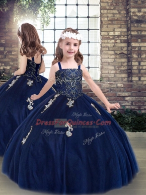 Graceful Straps Sleeveless Child Pageant Dress Floor Length Beading and Appliques Navy Blue Tulle