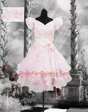 Gorgeous Short Sleeves Knee Length Beading and Appliques and Ruffles and Hand Made Flower Lace Up Prom Gown with Baby Pink
