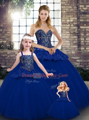 Tulle Sweetheart Sleeveless Lace Up Beading and Appliques 15 Quinceanera Dress in Royal Blue