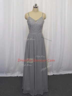 Attractive Beading and Lace Prom Gown Grey Zipper Sleeveless Floor Length