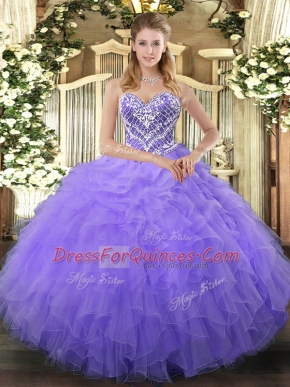 Beading and Ruffles 15th Birthday Dress Lilac Lace Up Sleeveless Floor Length