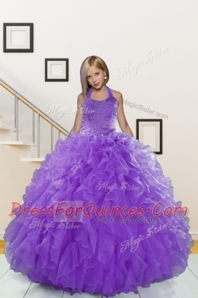 Halter Top Sleeveless Organza Kids Formal Wear Beading and Ruffles Lace Up