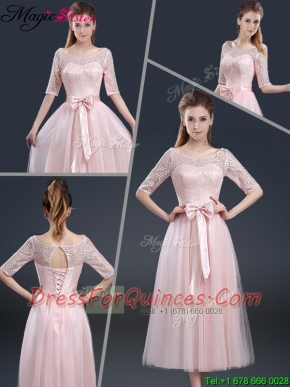 2016 Elegant Tea Length Prom Dresses with Lace and Bowknot