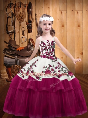 Gorgeous Fuchsia Straps Lace Up Embroidery Little Girls Pageant Gowns Sleeveless