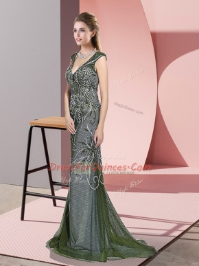 Sleeveless Sweep Train Beading Zipper Prom Dresses