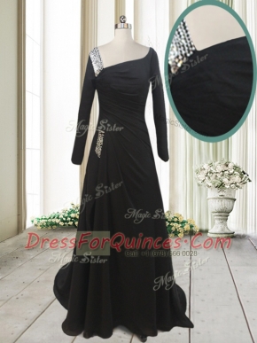 Modest Asymmetric Long Sleeves Chiffon Beading Sweep Train Side Zipper