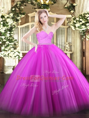 Traditional Fuchsia Tulle Zipper Sweetheart Sleeveless Floor Length Quinceanera Gown Beading and Lace