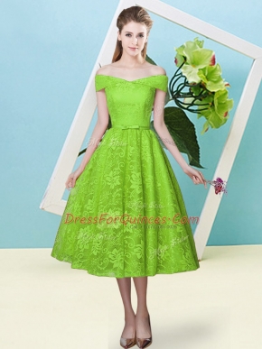 Tea Length Empire Cap Sleeves Yellow Green Quinceanera Court of Honor Dress Lace Up