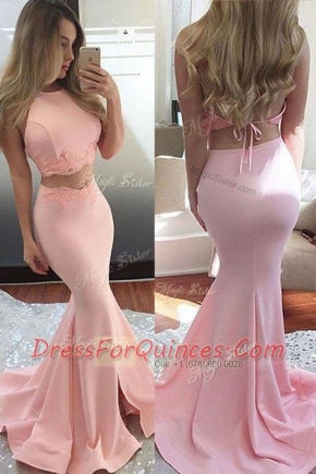 Scoop With Train Mermaid Sleeveless Pink Prom Evening Gown Sweep Train Backless