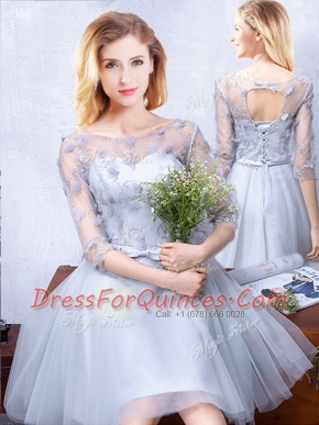 Superior Grey A-line Tulle Scoop Half Sleeves Lace and Appliques and Belt Knee Length Lace Up Dama Dress