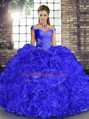 Exquisite Royal Blue Organza Lace Up Off The Shoulder Sleeveless Floor Length Quinceanera Dresses Beading and Ruffles