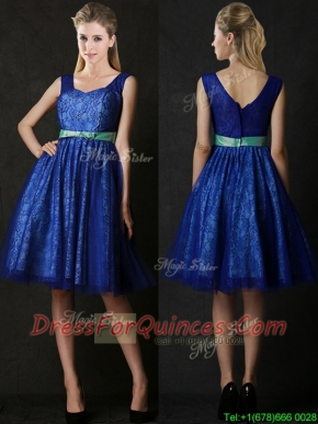 New Arrivals Belted and Laced Blue Dama Dresses in Knee Length