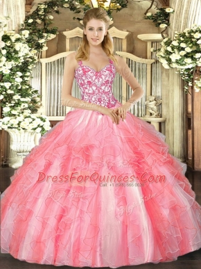 Most Popular Straps Sleeveless Tulle Quince Ball Gowns Beading and Ruffles Lace Up
