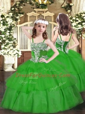 Custom Made Sleeveless Organza Floor Length Lace Up Kids Pageant Dress in Green with Appliques and Ruffled Layers