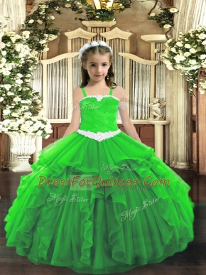 Green Lace Up Straps Appliques and Ruffles Little Girl Pageant Dress Tulle Sleeveless