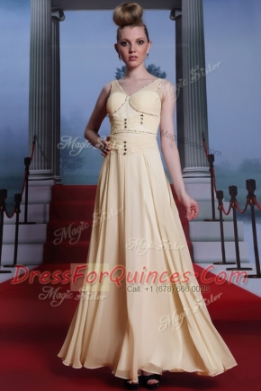 Light Yellow V-neck Side Zipper Beading and Ruching Prom Dresses Sleeveless