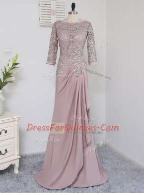 Pink Ball Gowns Scoop Half Sleeves Elastic Woven Satin Brush Train Zipper Beading and Lace and Appliques Prom Dresses