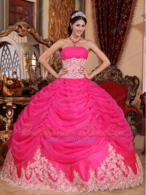 Hot Pink Ball Gown Strapless Floor-length Organza Beading Quinceanera Dress