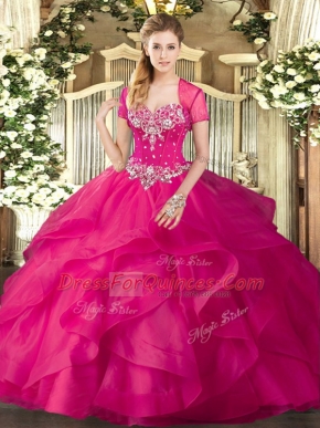 Floor Length Hot Pink Quinceanera Gown Tulle Sleeveless Beading and Ruffles