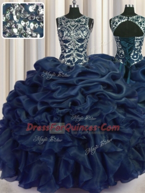 Charming Scoop Pick Ups Navy Blue Sleeveless Organza Lace Up Vestidos de Quinceanera for Military Ball and Sweet 16 and Quinceanera