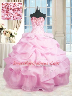 Floor Length Pink Quinceanera Gowns Organza Sleeveless Beading and Ruffles