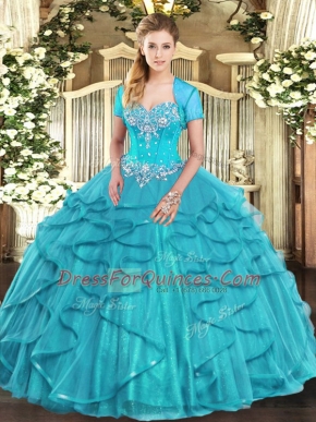 Beading and Ruffles Quinceanera Gowns Aqua Blue Lace Up Sleeveless Floor Length
