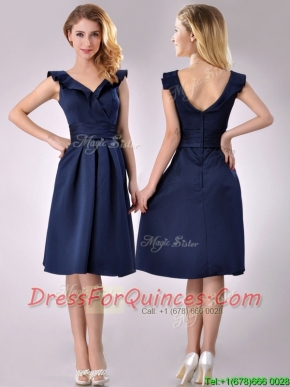 Beautiful V Neck Navy Blue Empire Dama Dress with Cap Sleeves