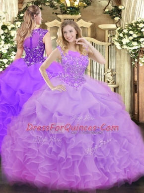 Traditional Lavender Organza Zipper Scoop Sleeveless Floor Length Quinceanera Gowns Beading and Ruffles and Pick Ups