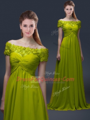 Suitable Olive Green Short Sleeves Appliques Floor Length