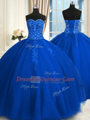 Best Selling Sweetheart Sleeveless Tulle Sweet 16 Dresses Appliques and Embroidery Lace Up