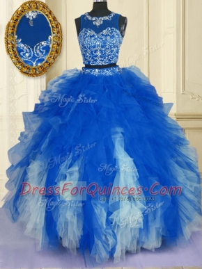 Blue And White Scoop Zipper Beading and Ruffles 15th Birthday Dress Sleeveless