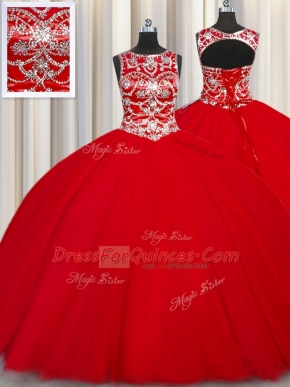 Wonderful Scoop Red Sleeveless Tulle Lace Up Ball Gown Prom Dress for Military Ball and Sweet 16 and Quinceanera