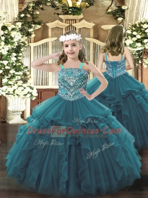 Organza Straps Sleeveless Lace Up Beading and Ruffles Little Girl Pageant Dress in Teal