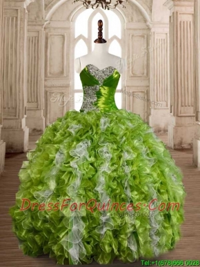 Lovely Olive Green and White Quinceanera Dress with Beading and Ruffles