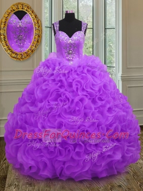 Flirting Purple Ball Gowns Straps Sleeveless Organza Floor Length Zipper Beading and Ruffles Quinceanera Dresses