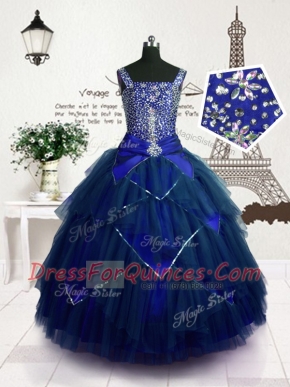 Royal Blue Ball Gowns Straps Sleeveless Tulle Floor Length Lace Up Beading and Belt Flower Girl Dresses