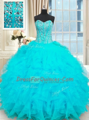 Top Selling Strapless Sleeveless 15 Quinceanera Dress Floor Length Beading and Ruffles Baby Blue Organza