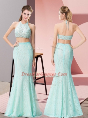 Halter Top Sleeveless Lace Dress for Prom Beading Backless
