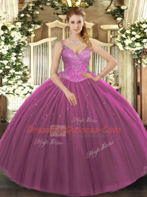 Tulle V-neck Sleeveless Lace Up Beading Vestidos de Quinceanera in Fuchsia